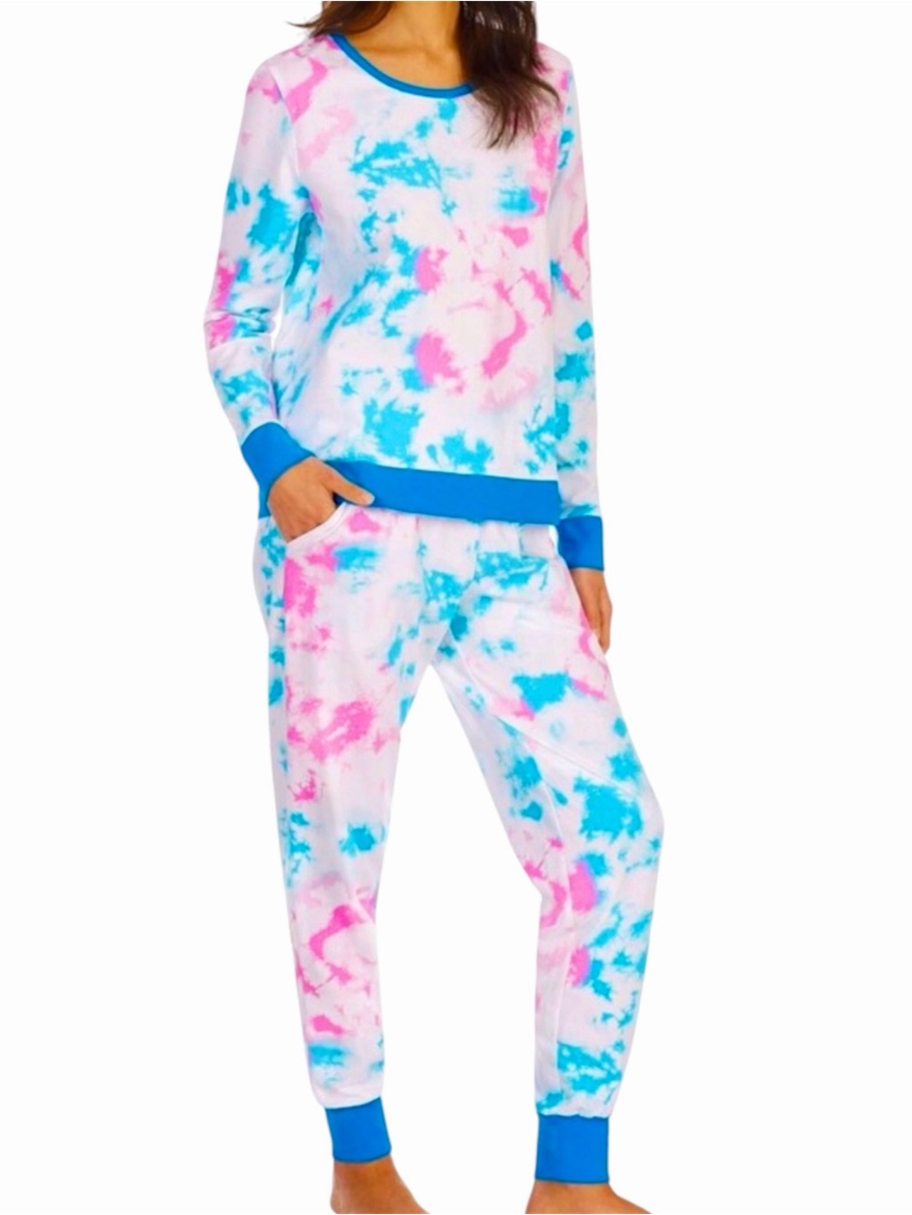 BEDHEAD Tie Dye Organic Cotton Jogger Pajama Set Pink & Blue Pajamas w Pockets